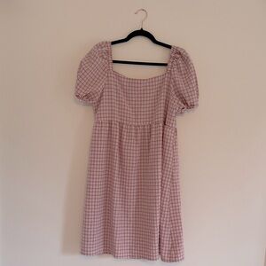 SHEIN Pink Checkered Puff Sleeve Midi Dress
